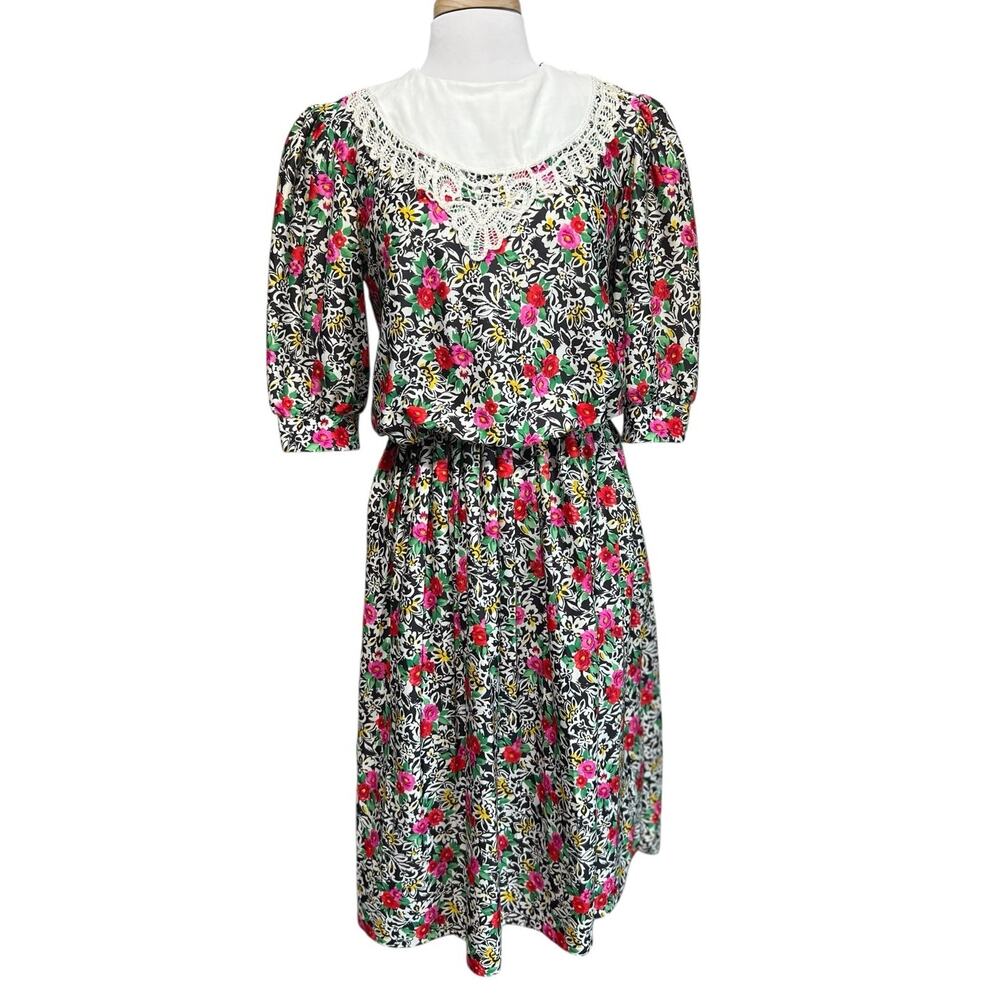 Vintage Dress Womens 12 Country Whimsy Lace Collar Cottagecore Floral Blouson